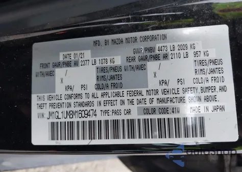 2021 Mazda Mazda6 Sport из США, поврежденный, VIN JM1GL1UM8M1609474